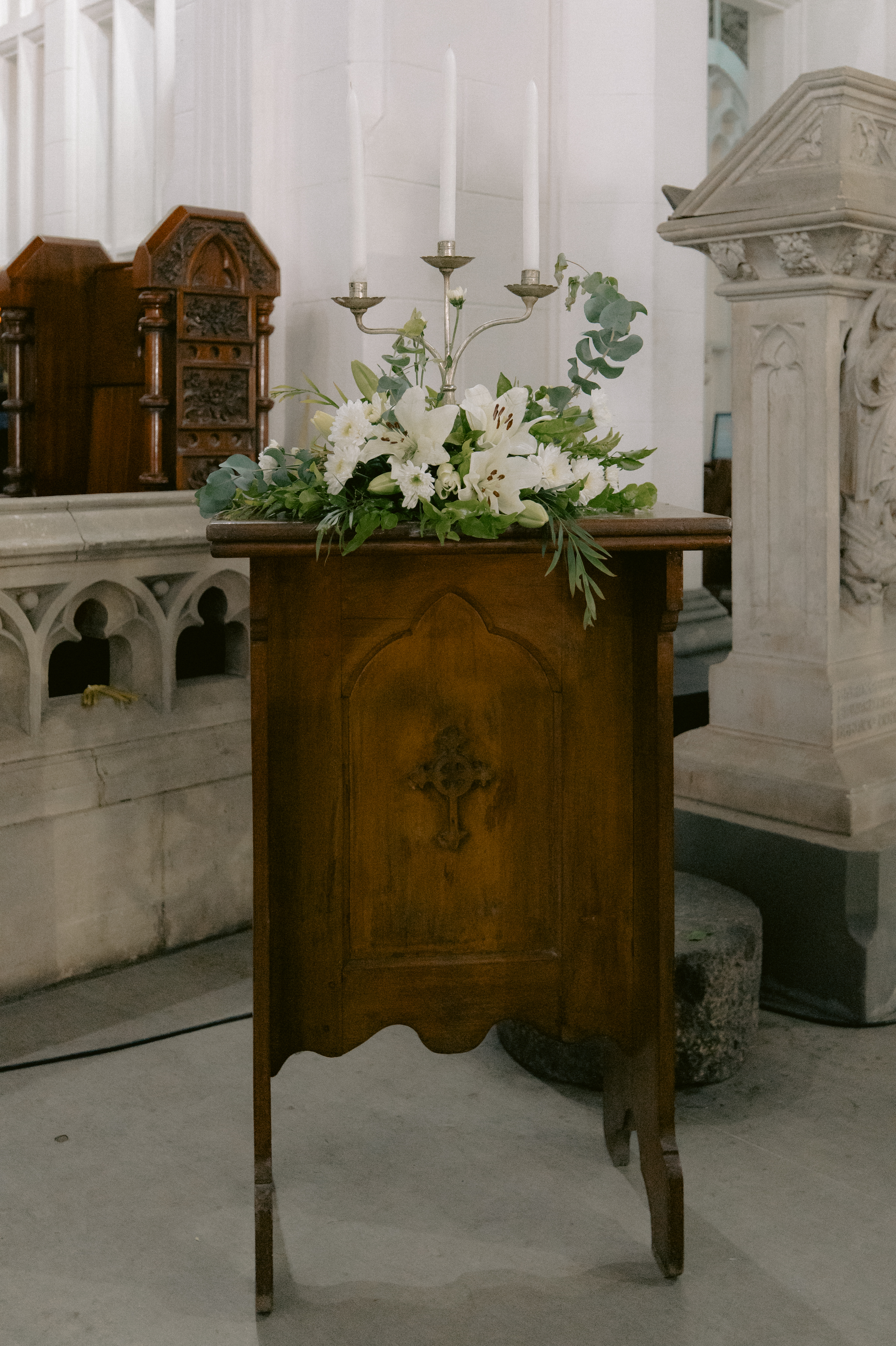 Wedding unity candle arrangement inside the church